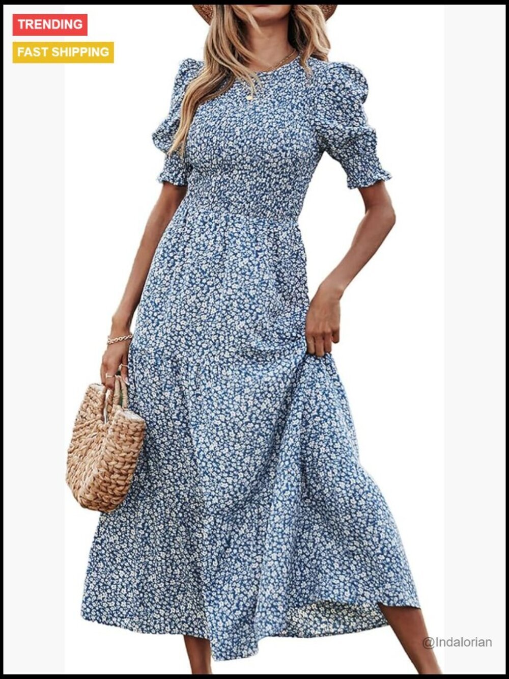 Crew Neck Ruffle Short Sleeve Smocked Floral Boho Maxi Dress with Pockets